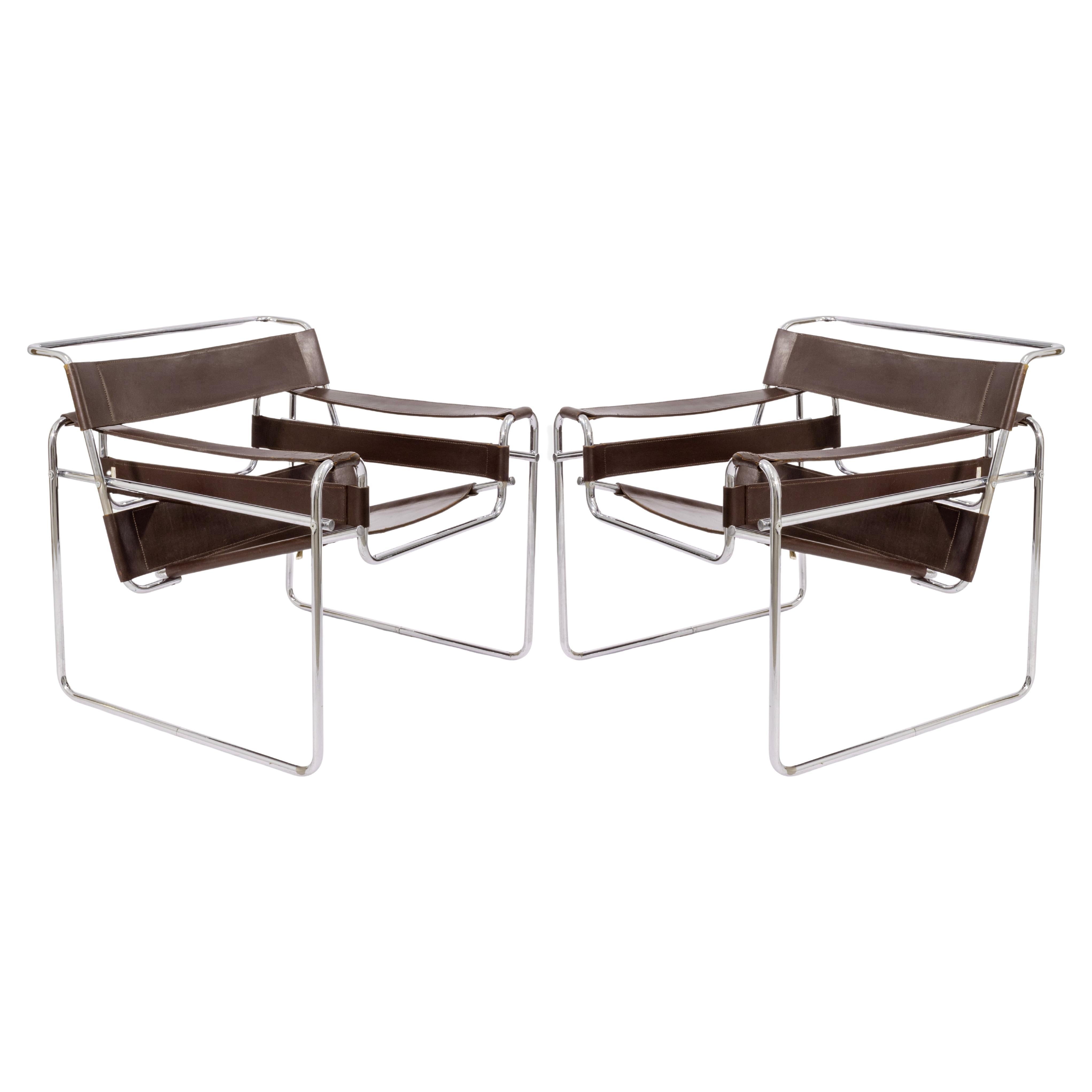 Paire de fauteuils vintage des années 1970 de style Wassily en cuir marron chocolaté et chrome