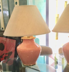 Vintage 1980s Coral and Gold Ceramic Lamps with Brass Trim Pair