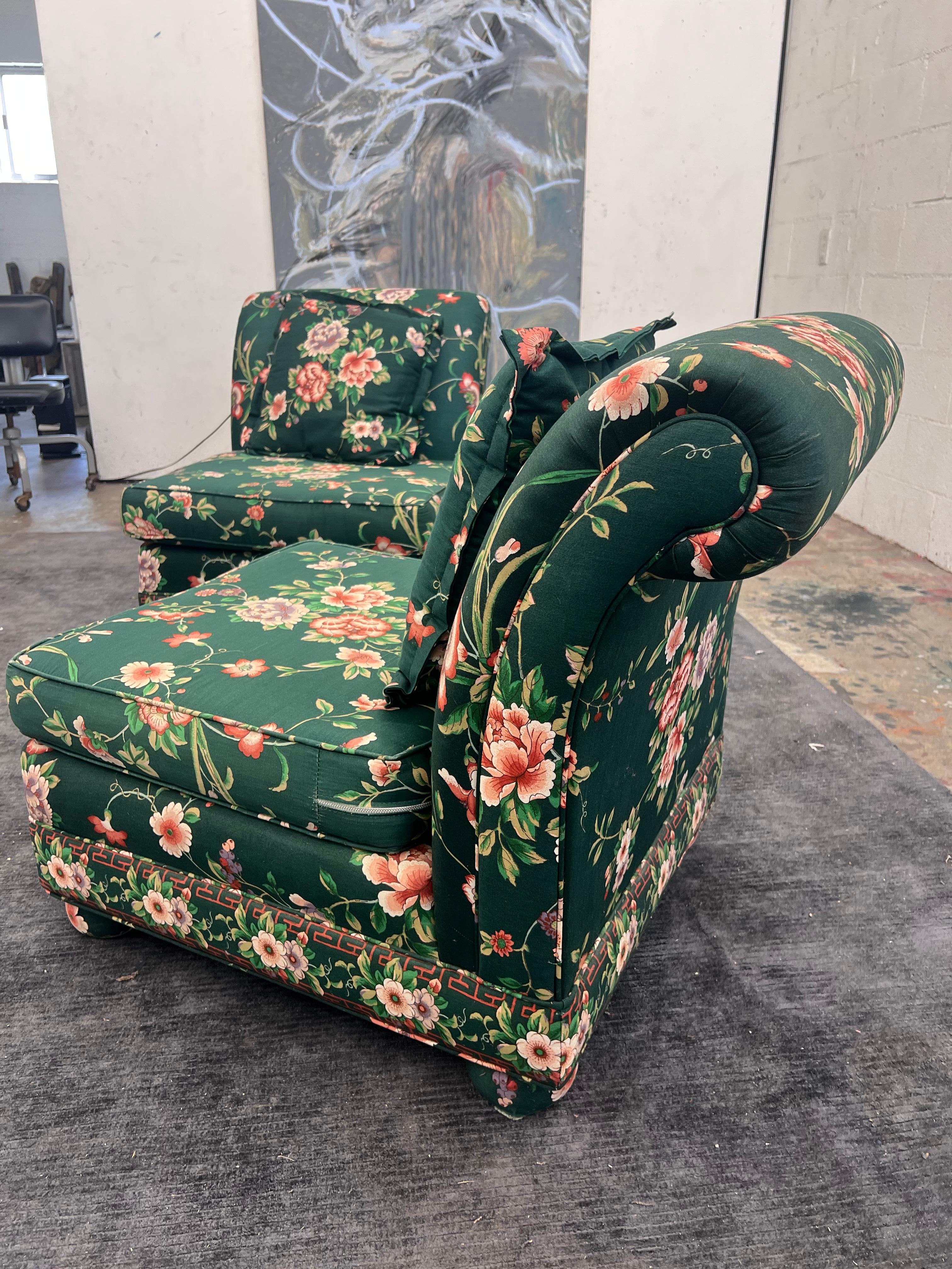 Custom made slipper chairs built for the iconic Bullock’s department store c. 1980s. 

Subtly arched back 
Jewel tone colors  
Pair of matching pillows
Upholstered bun feet 
Heavy and sturdy built 


Floral motif on Hunter green background, the
