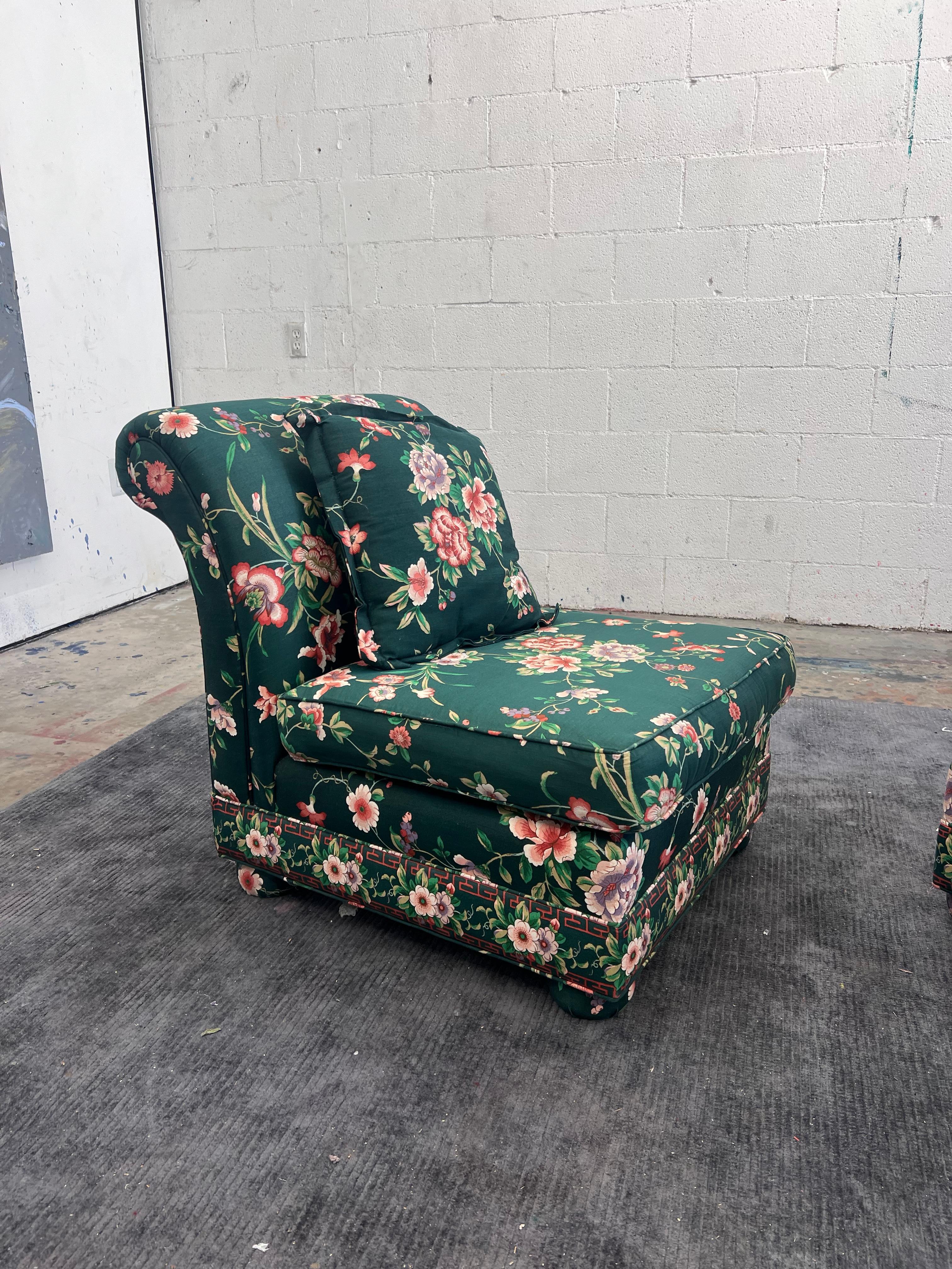 Post-Modern Pair of Vintage 1980s hunter green floral slipper chairs For Sale