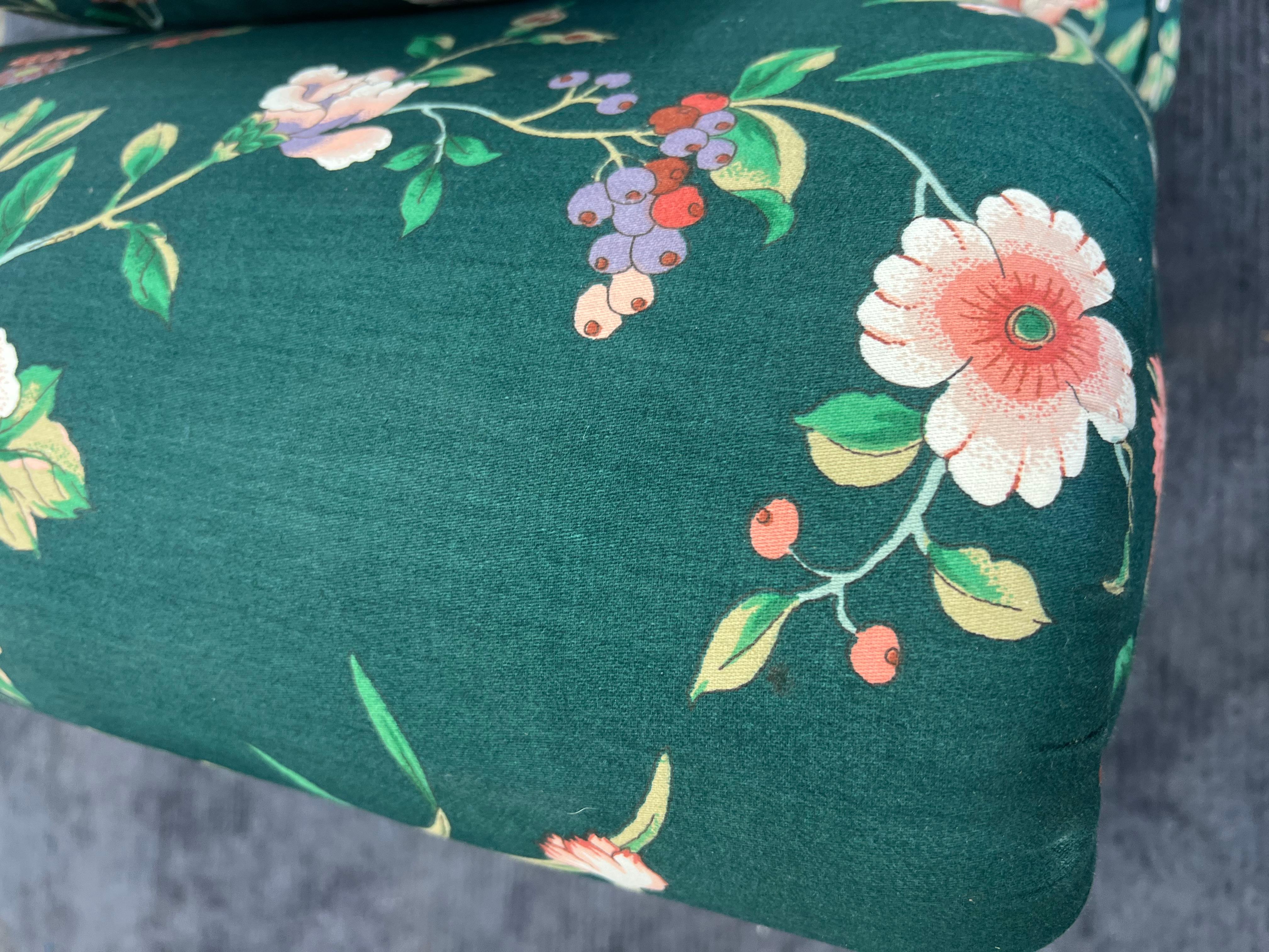 Pair of Vintage 1980s hunter green floral slipper chairs For Sale 1