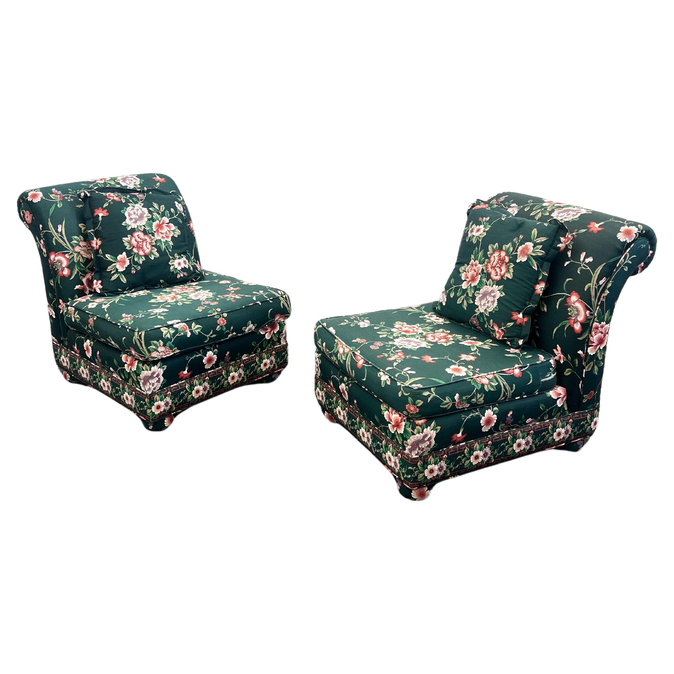 Pair of Vintage 1980s hunter green floral slipper chairs For Sale