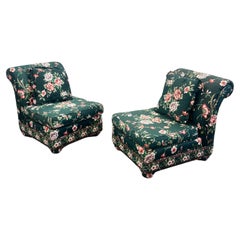 Pair of Vintage 1980s hunter green floral slipper chairs