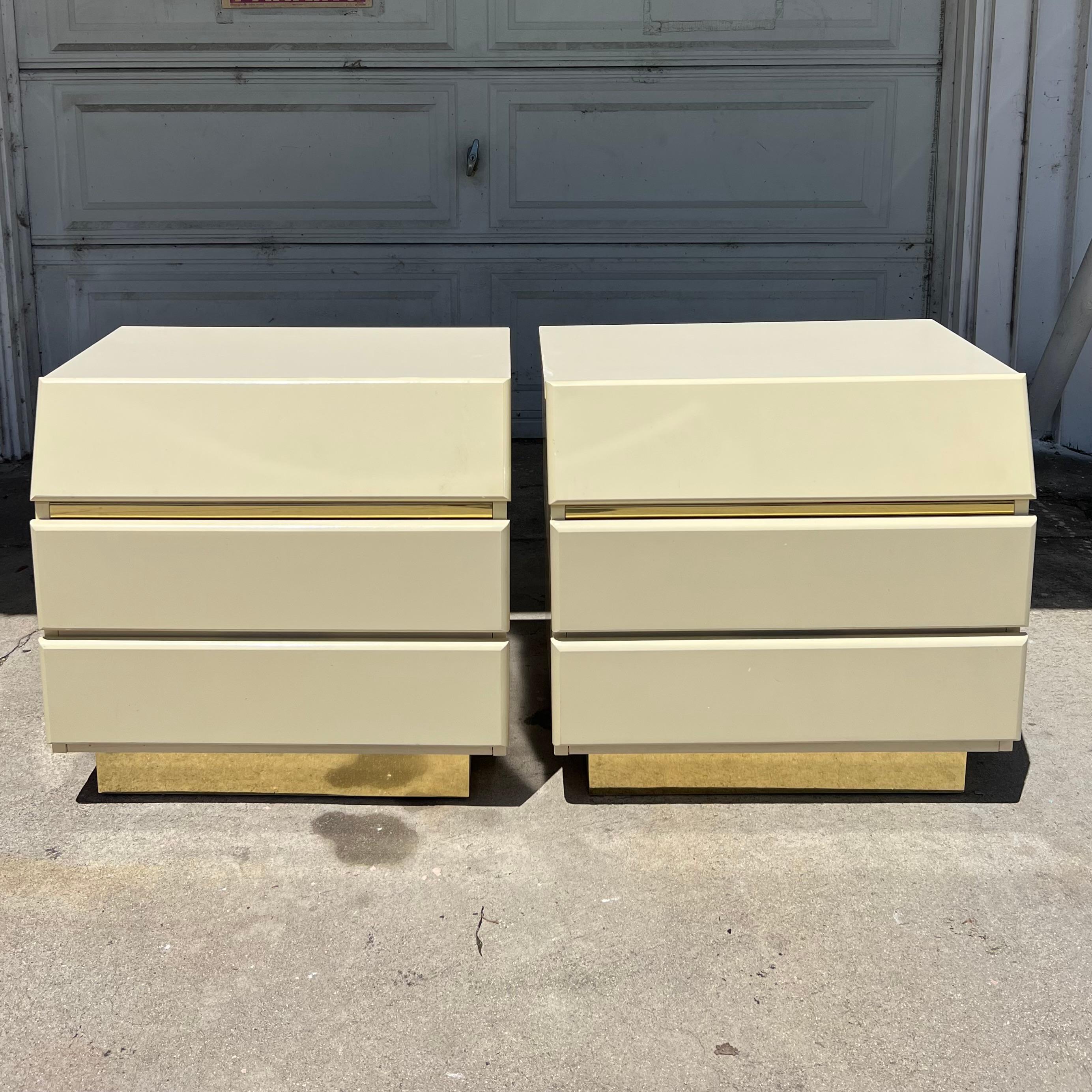 The manufacturer stamp on the back calls this color almond so I will do the same! Presenting this sleek pair of almond lacquered nightstands (matching semi circle full/queen headboard and dresser in separate listings ) with gold brass  accents. A