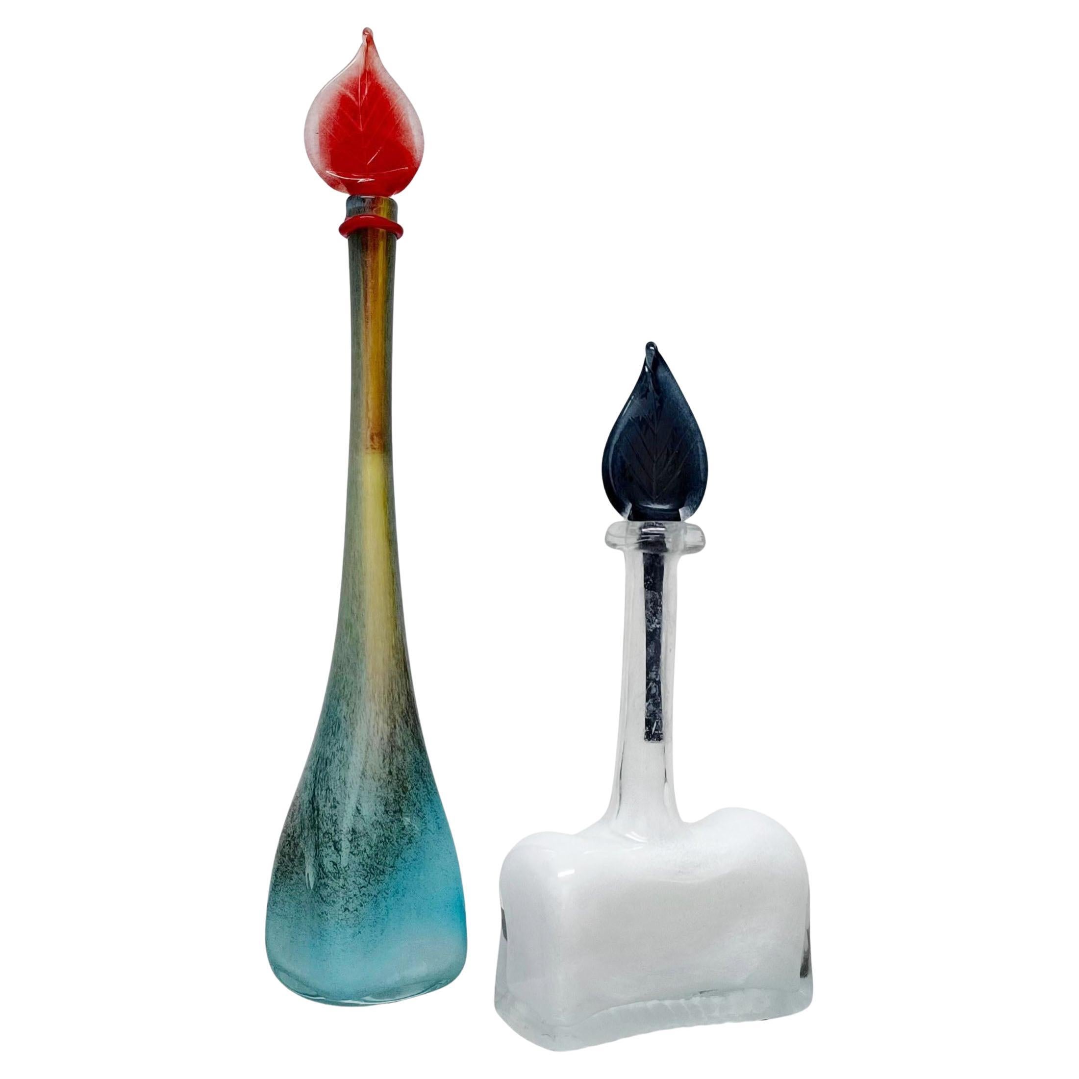 HOLIDAY GIFT - Pair of Vintage 1990s Scavo Art Glass Bottles with Leaf Stoppers