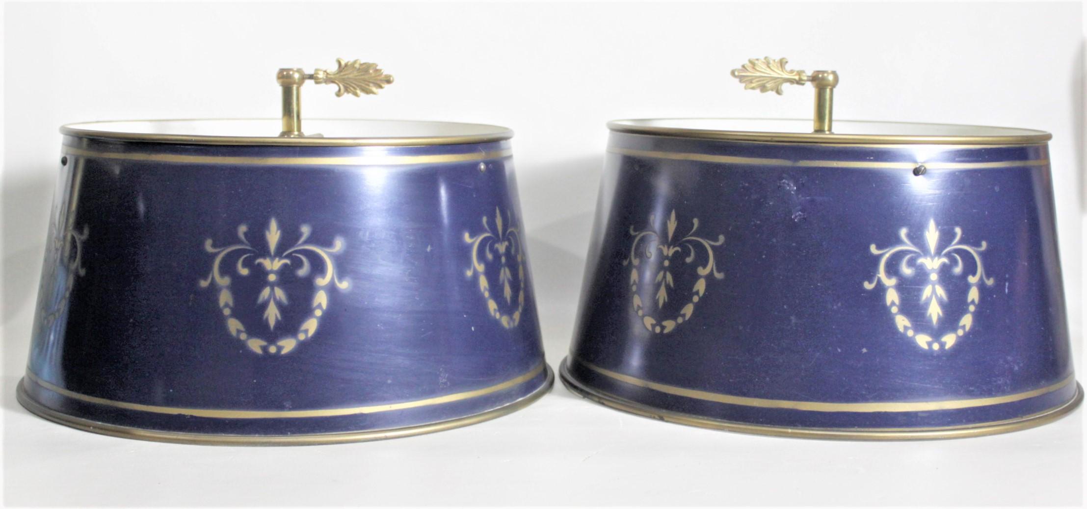 Pair of Vintage 3 Arm Cast Brass Toleware Bouillotte Lamps with Dark Blue Shades 3