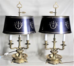 Pair of Vintage 3 Arm Cast Brass Toleware Bouillotte Lamps with Dark Blue Shades