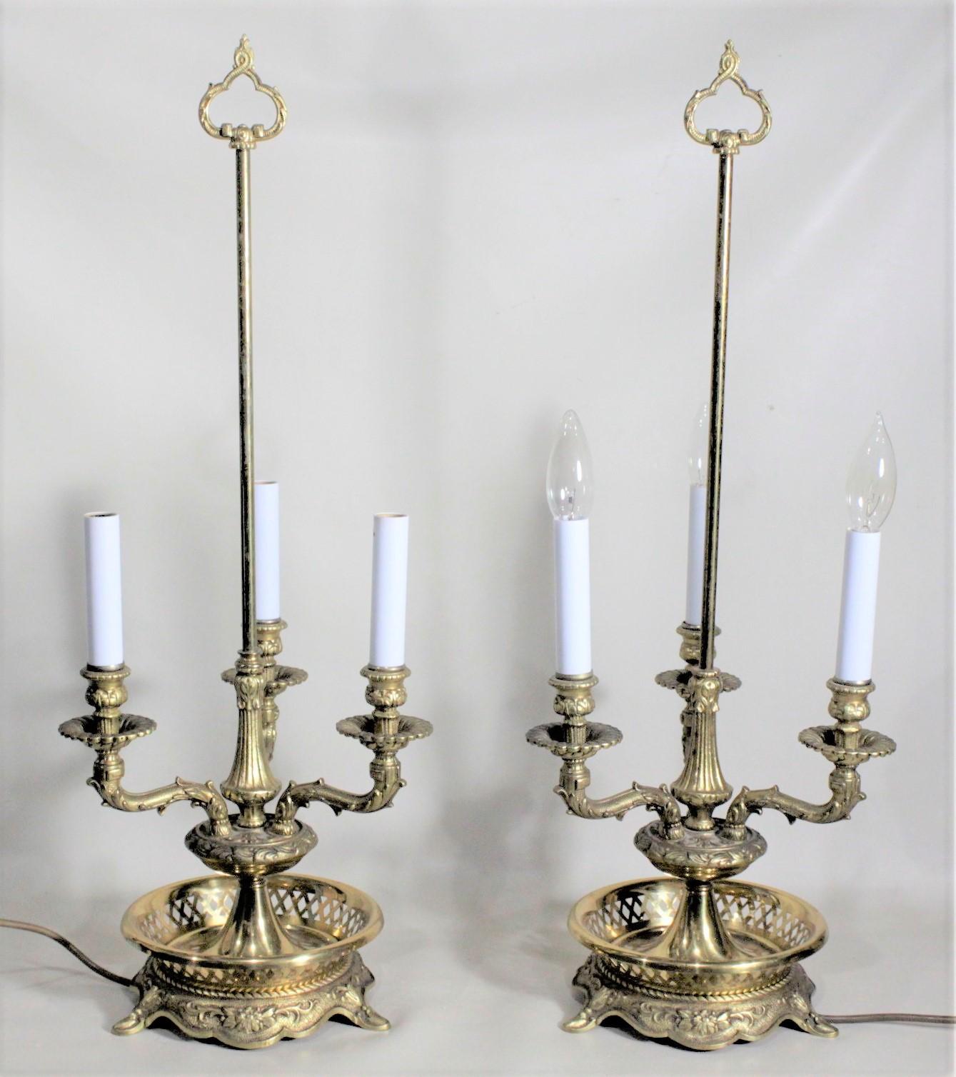 French Provincial Pair of Vintage 3 Arm Cast Brass Toleware Bouillotte Lamps with Dark Blue Shades