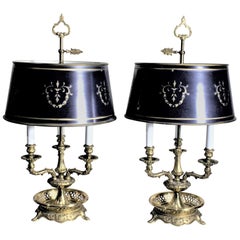 Pair of Vintage 3 Arm Cast Brass Toleware Bouillotte Lamps with Dark Blue Shades