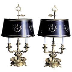 Paire de lampes bouillotte vintage à 3 bras en laiton moulé avec abat-jour bleu foncé