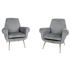 Pair of Vintage 50s Italian Armchairs by Gigi Radice Upholstered in Grey Velvet