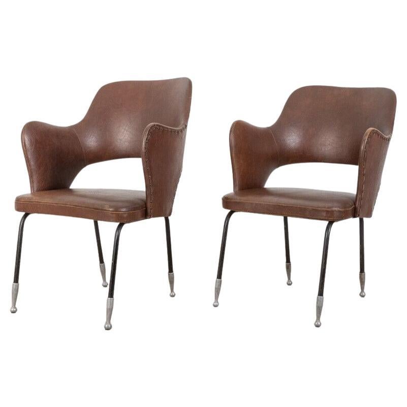 Pair of Vintage 60's Aemchairs in Brown Leather Italian Design For Sale