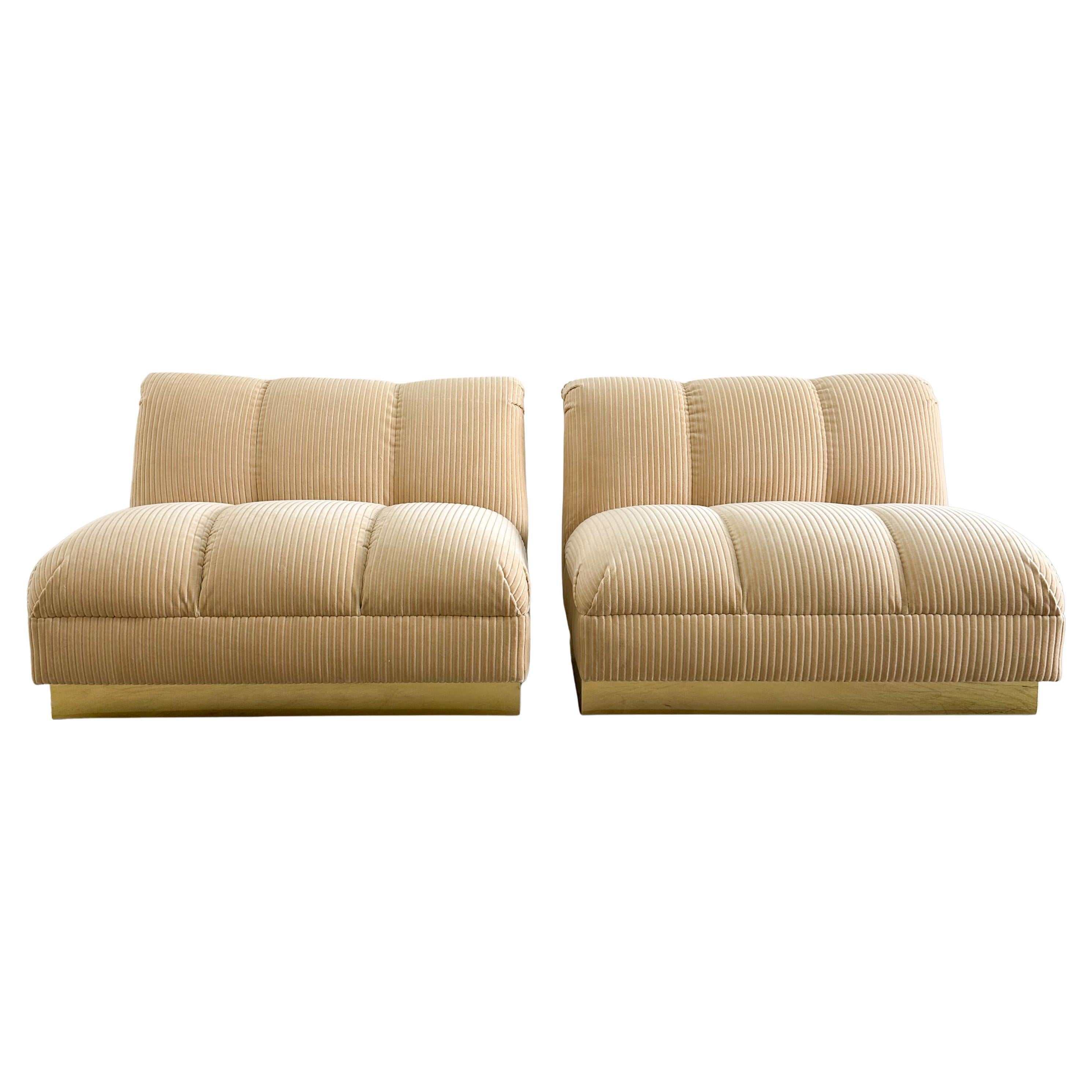Pair of Vintage 1970s Mid-Century Modern Lounge Chairs with Brass Base