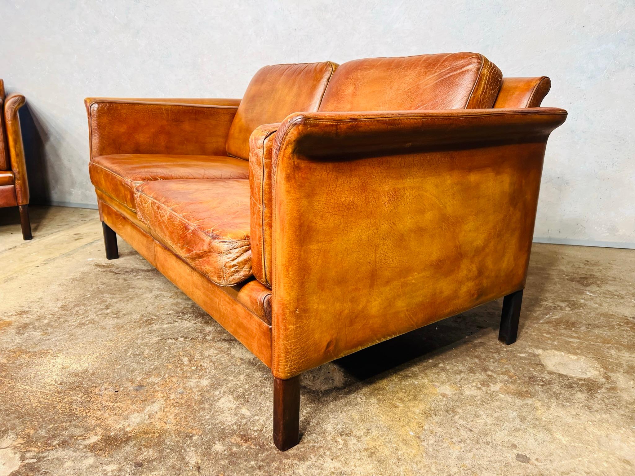Pair of Vintage 1970s Patinated Light Tan 2 Seater Leather Sofas #676 For Sale 7