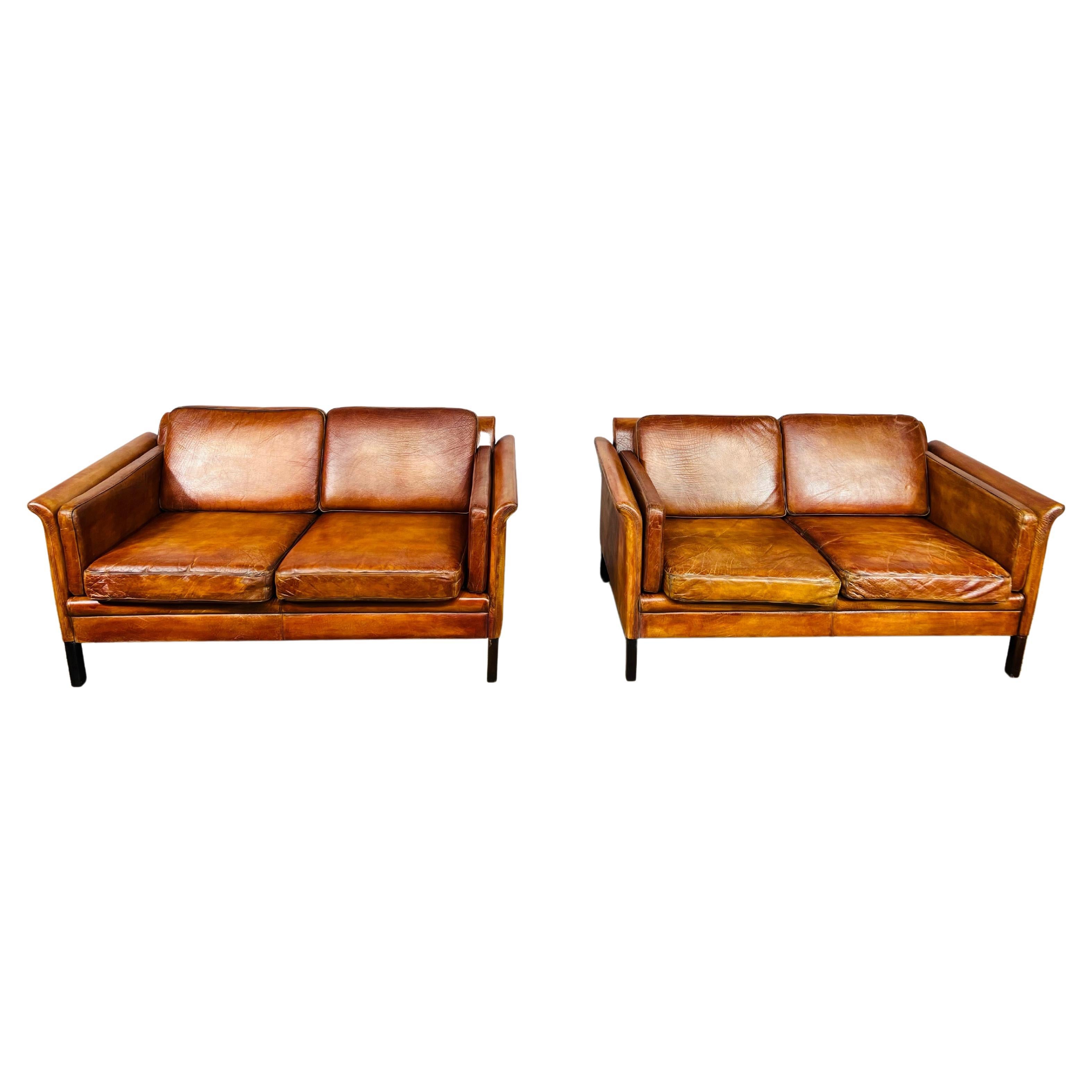 Pair of Vintage 1970s Patinated Light Tan 2 Seater Leather Sofas #676 For Sale