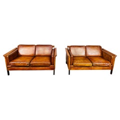 Pair of Vintage 1970s Patinated Light Tan 2 Seater Leather Sofas #676
