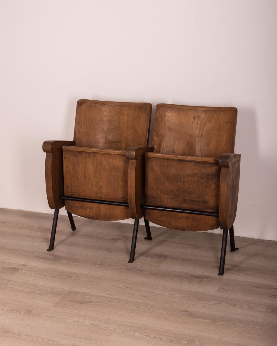 Pair of Vintage 1970s Wooden Cinema Chairs Italian Design In Fair Condition In None, IT