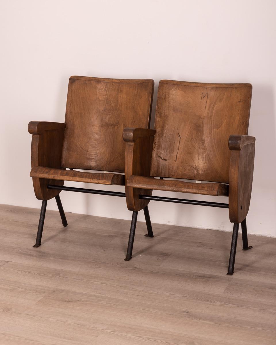 Pair of Vintage 1970s Wooden Cinema Chairs Italian Design 3
