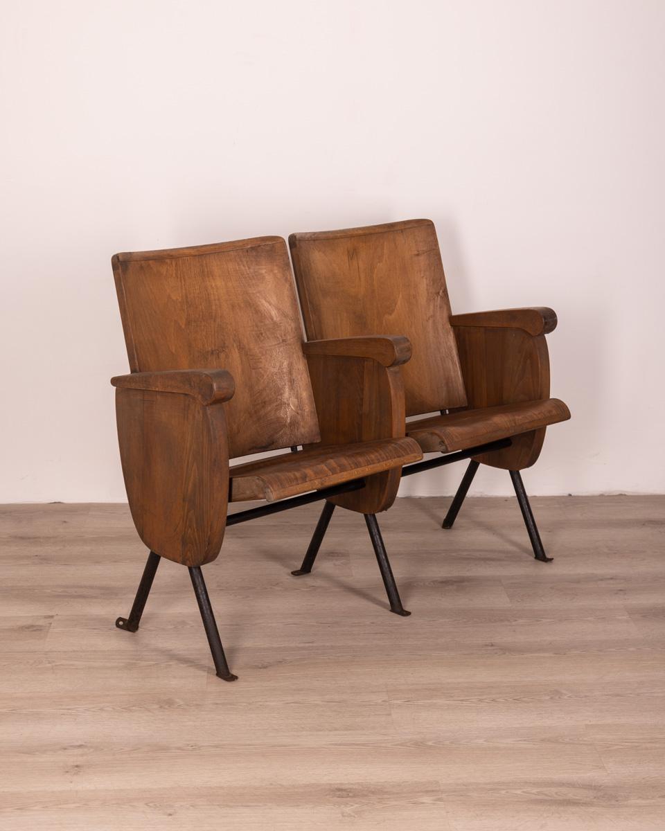 Pair of Vintage 1970s Wooden Cinema Chairs Italian Design 4