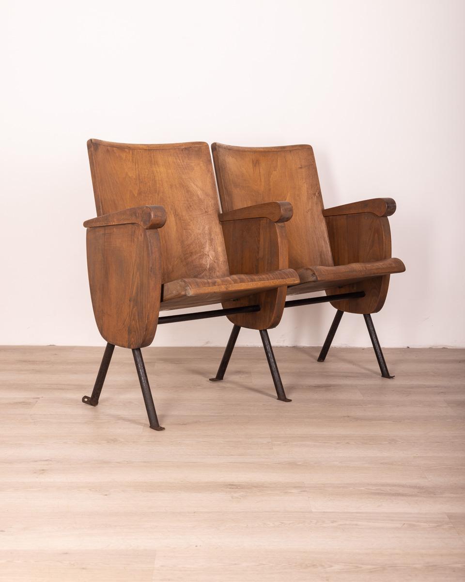 Pair of Vintage 1970s Wooden Cinema Chairs Italian Design 5