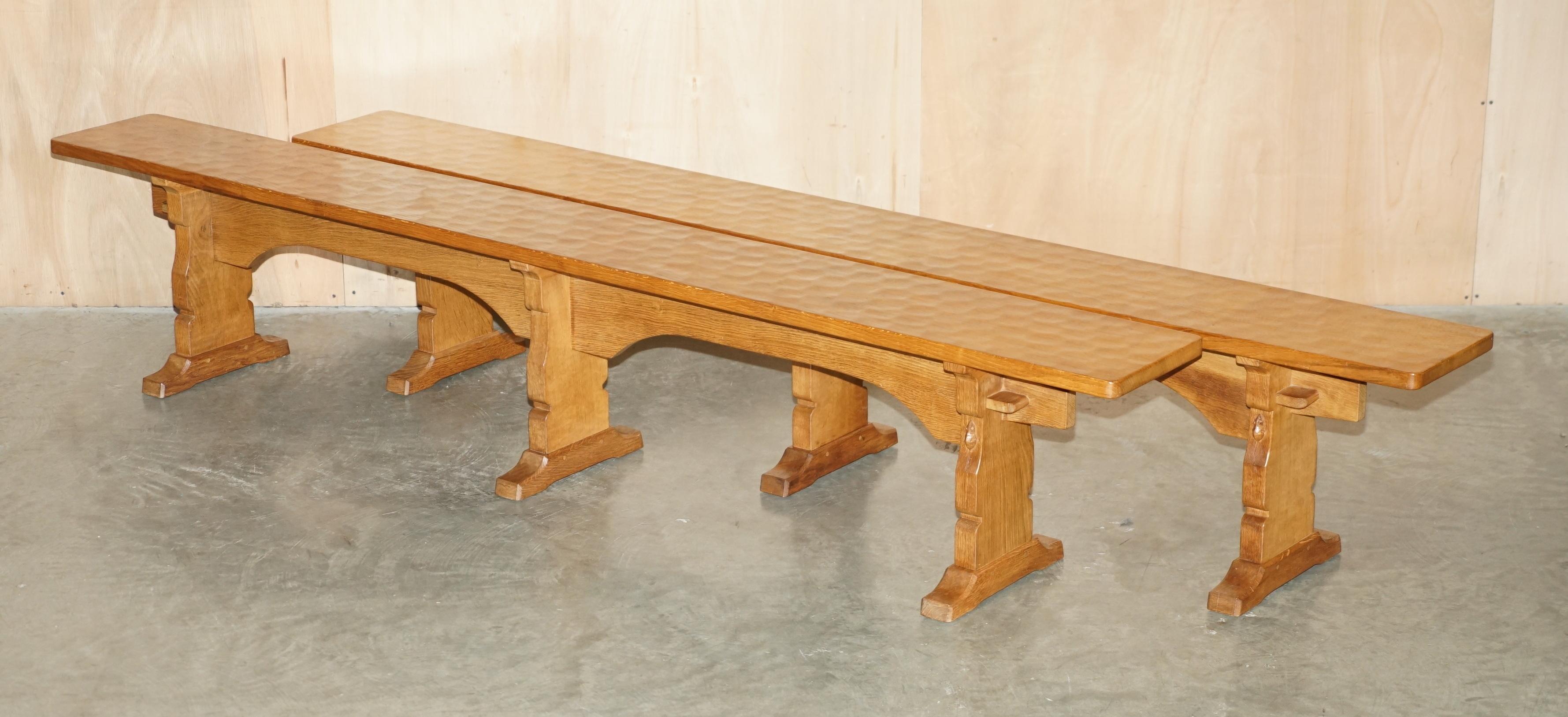 Royal House Antiques

Royal House Antiques is delighted to offer for sale this lovely pair of original vintage circa 1960's Robert Mouseman Thompson Kitchen Dining room Table Pew Benches that have wonderfully Adzed tops and are 8 feet wide

Please