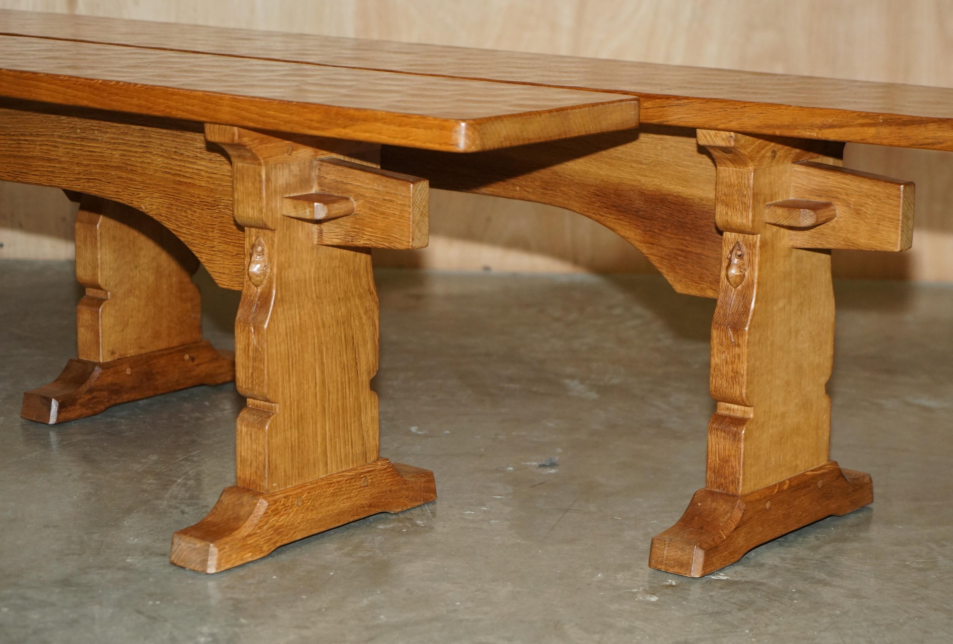 Country PAIR OF ViNTAGE ADZED ROBERT MOUSEMAN THOMPSON DINING ROOM TABLE PEW BENCHES For Sale