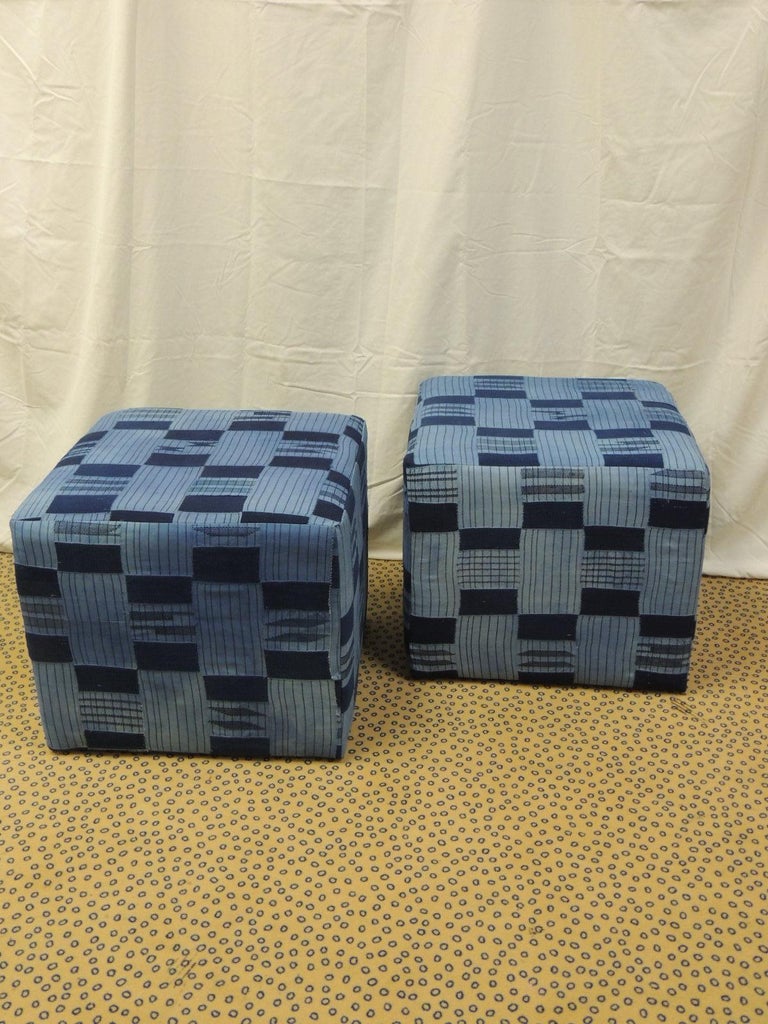 Pair of Vintage African Blue and Indigo Woven Textile Custom Square