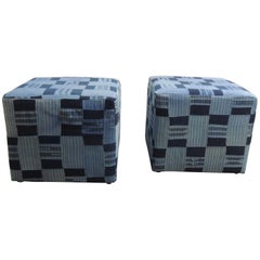 Pair of Vintage African Blue and Indigo Woven Textile Custom Square Ottomans