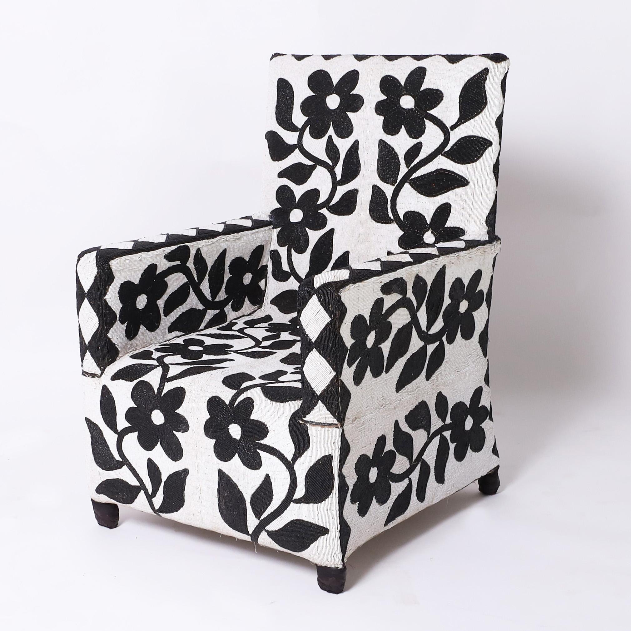 Mid-Century Modern Pair of Vintage African Yoruba Beaded Armchairs