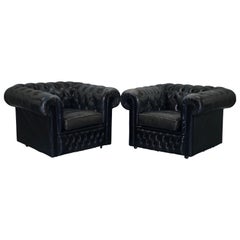 Pair of Vintage Aged Black Leather Chesterfield Club Armchairs Cushion Base