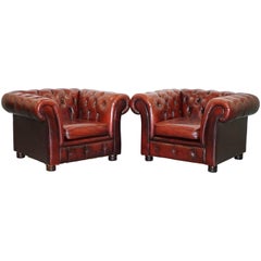 Pair of Vintage Aged Brown Leather Chesterfield Club Armchairs Hand Dyed Finish