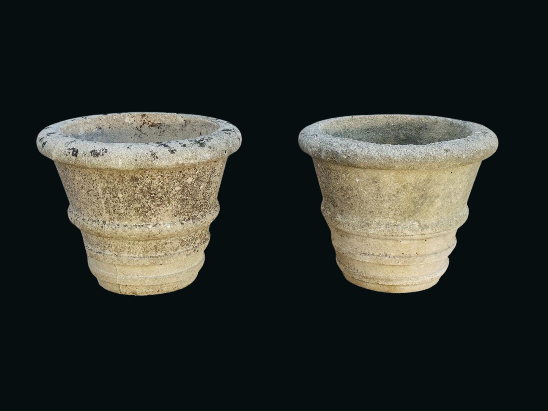 Cast Pair of Vintage Aged Concrete Garden Planters – Classic Outdoor Décor For Sale