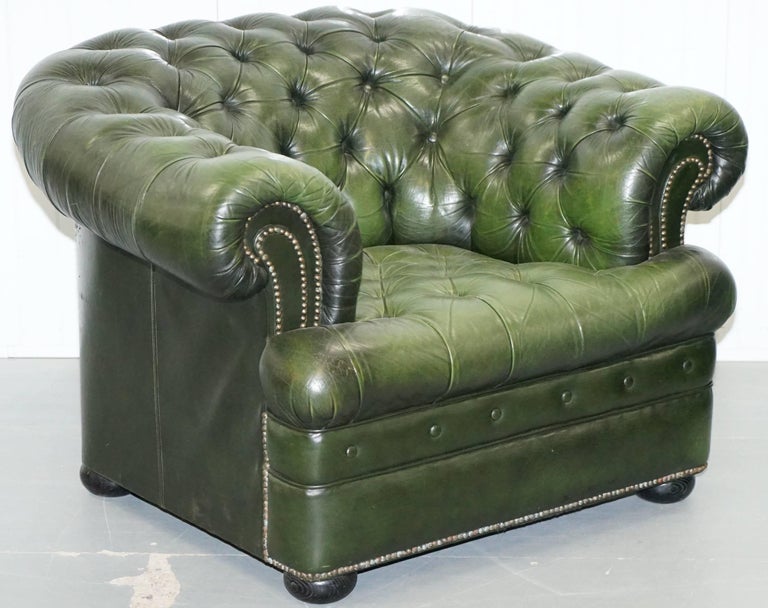 Pair of Vintage Aged Green Leather Chesterfield Club Armchairs Fully