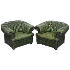 Pair of Vintage Aged Green Leather Chesterfield Club Armchairs Fully Buttoned