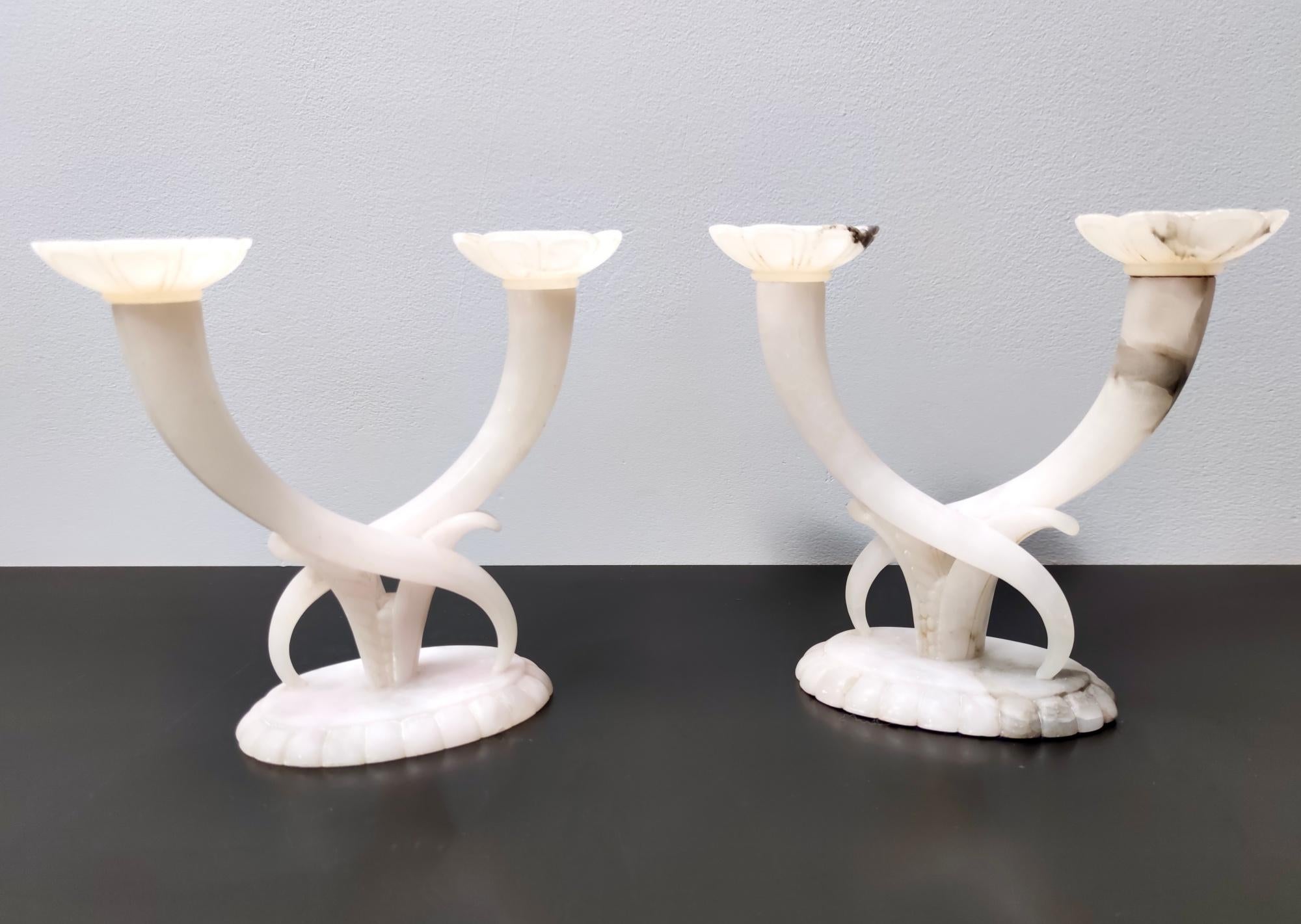 Mid-Century Modern Pair of Vintage Alabaster and Onyx Candelabra Ascribable to Tomaso Buzzi, Italy