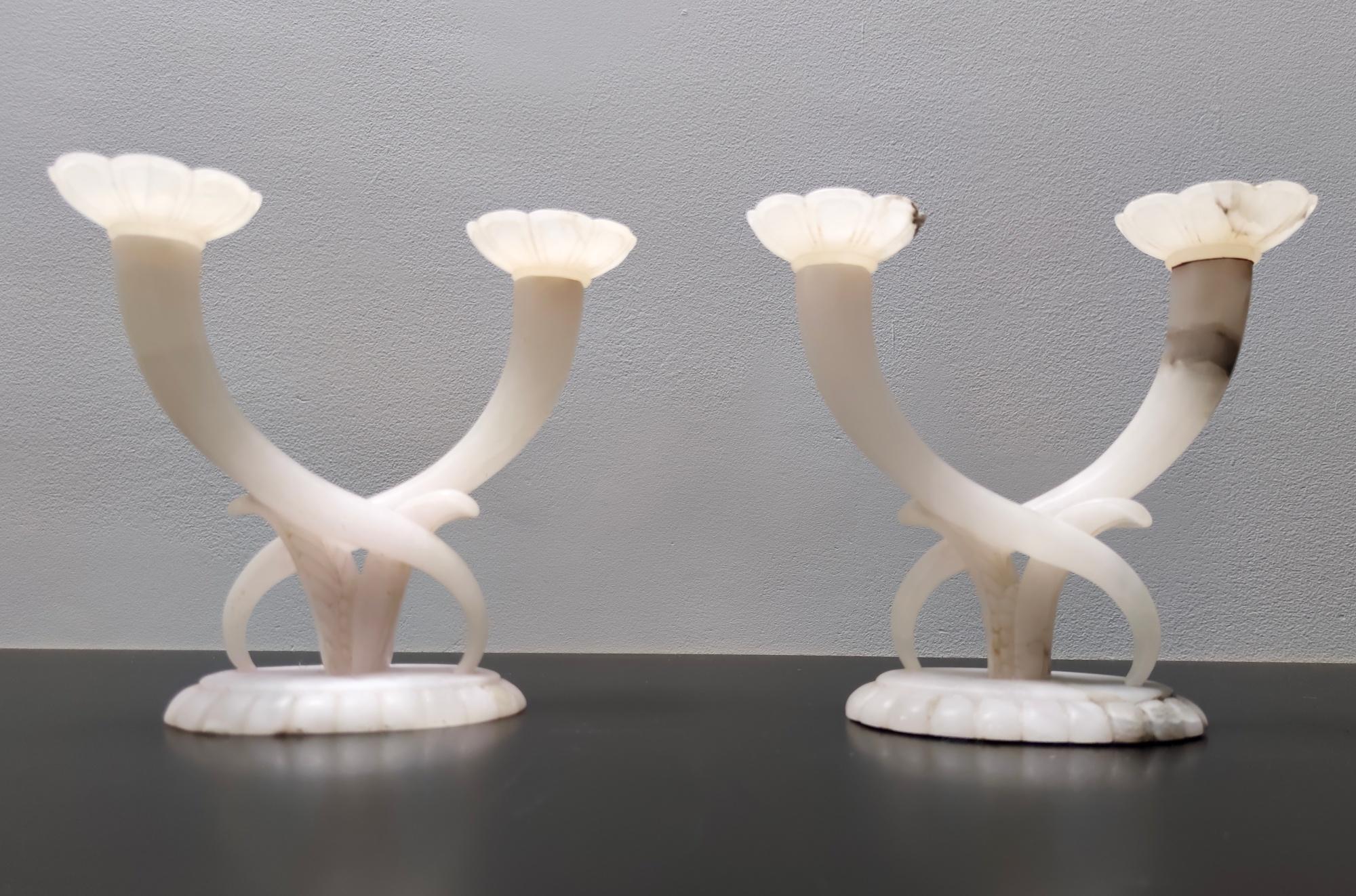 Italian Pair of Vintage Alabaster and Onyx Candelabra Ascribable to Tomaso Buzzi, Italy
