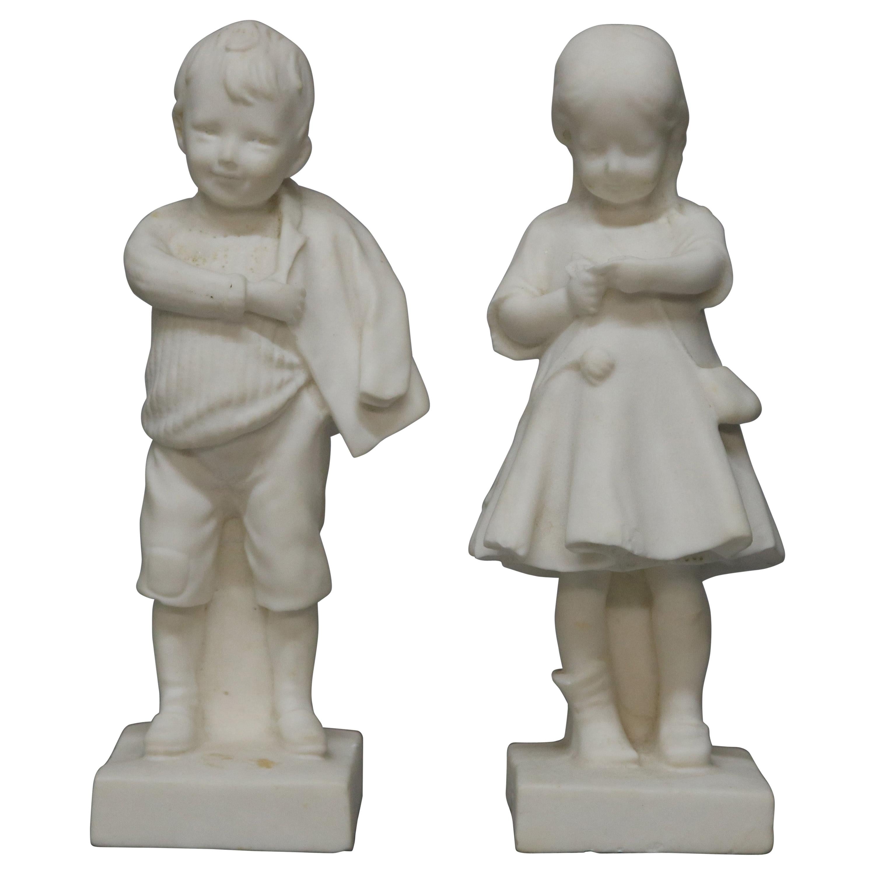 Pair of Vintage Alabaster Carved Italian Figures School Boy & Girl, 20th Century