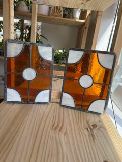 Pair of Vintage Amber and White Stained Glass Window Panels