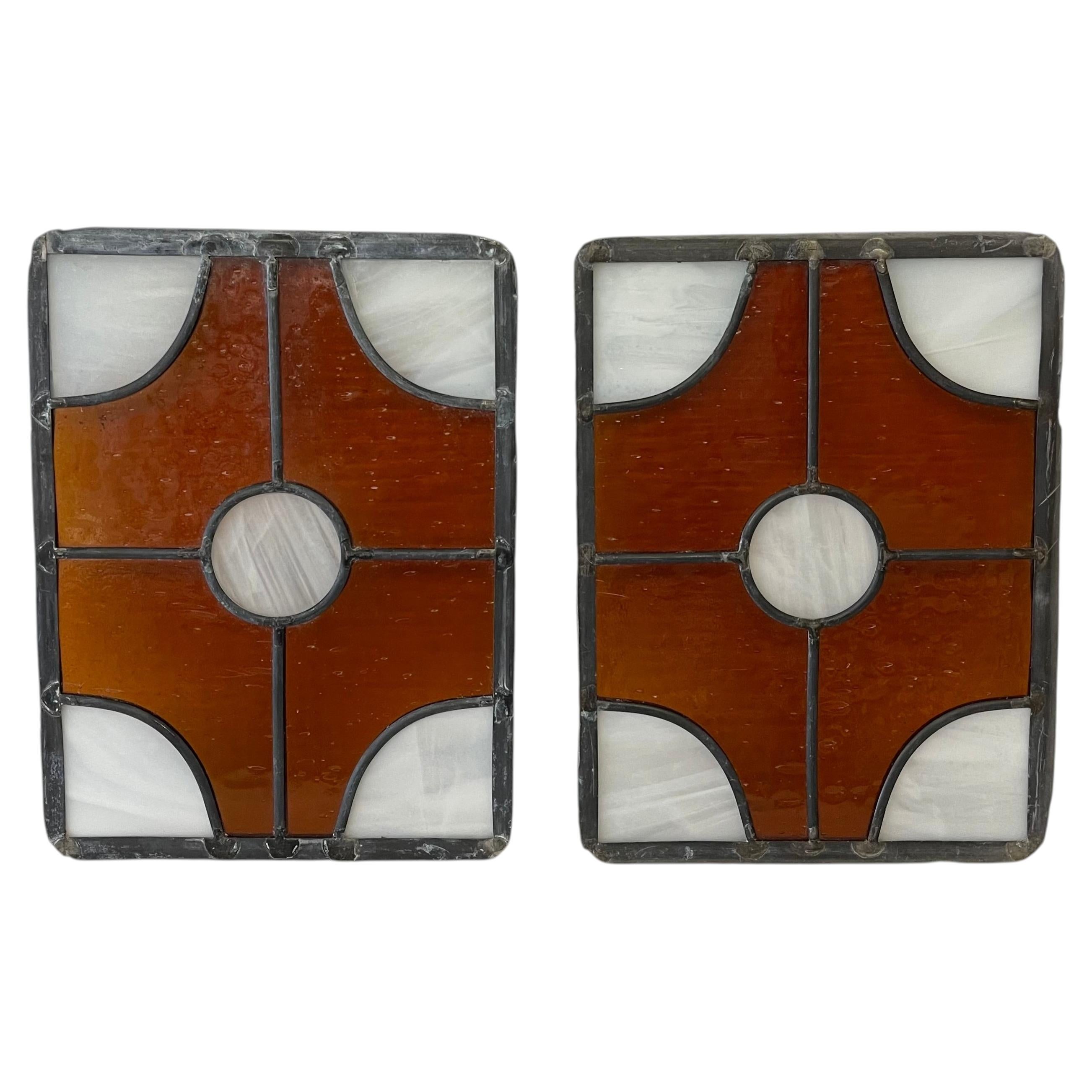 Paire de panneaux de vitraux ambre et blanc Vintage