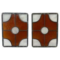 Pair of Vintage Amber and White Stained Glass Window Panels