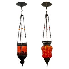 Pair of Vintage Amber Glass Lanterns, Sold Individually