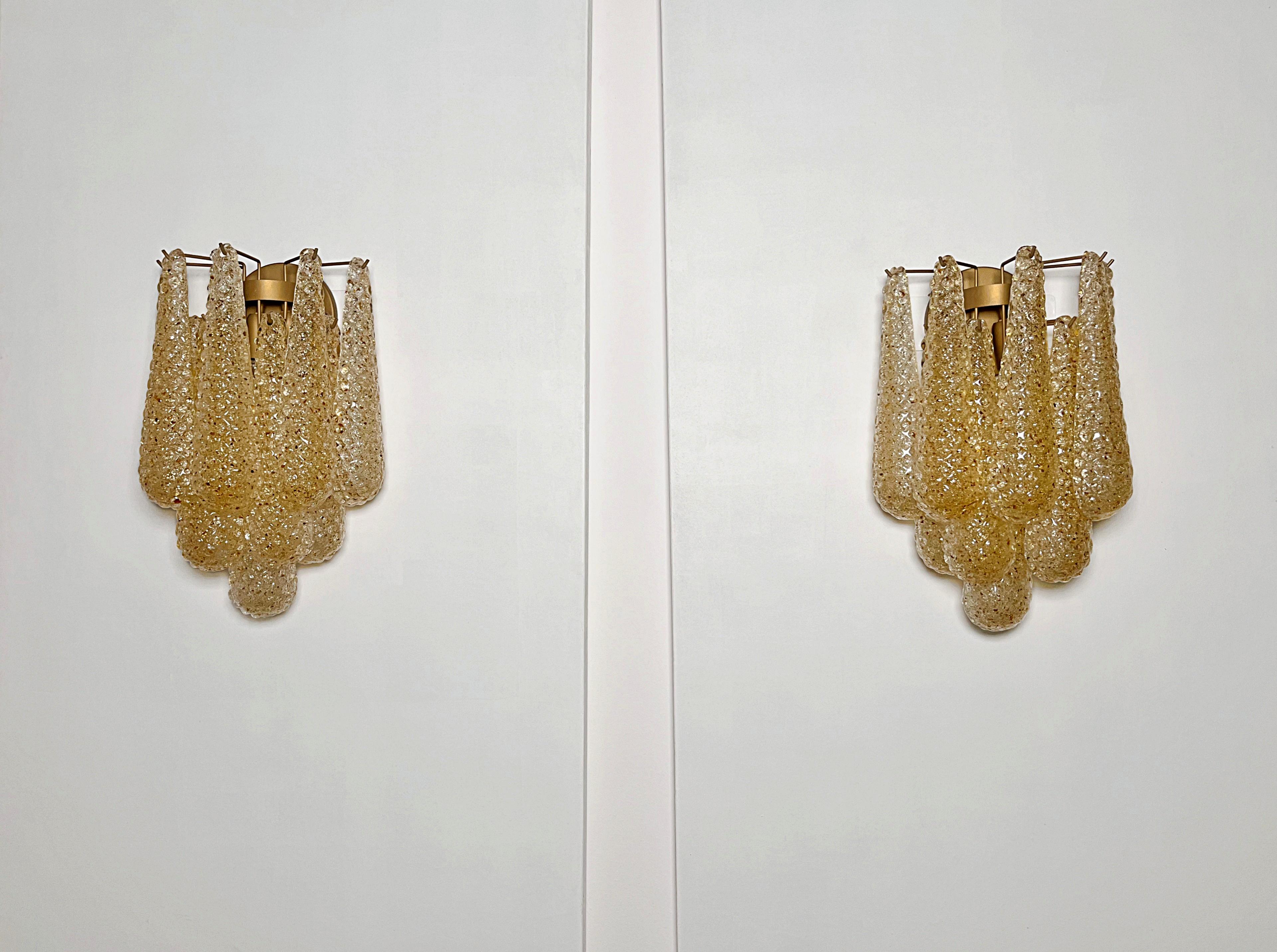 Italian Pair of vintage amber glass petals drop wall sconces For Sale