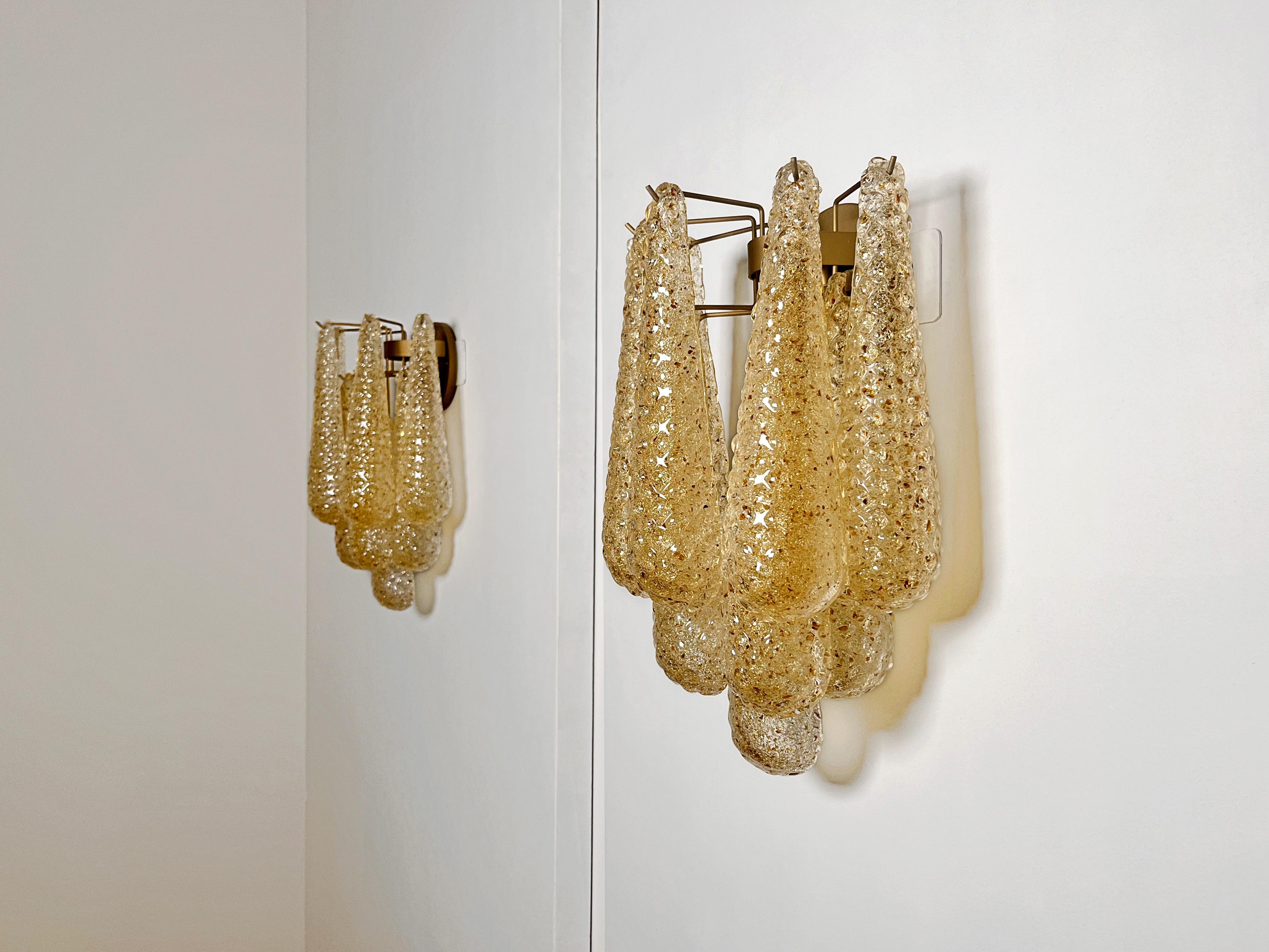 Galvanized Pair of vintage amber glass petals drop wall sconces For Sale