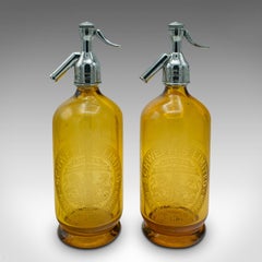 Pair of Vintage Amber Soda Syphons, English, Decor, Glass, Bistro Seltzer Bottle