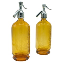 Pair of Vintage Amber Soda Syphons, English, Decor, Glass, Bistro Seltzer Bottle