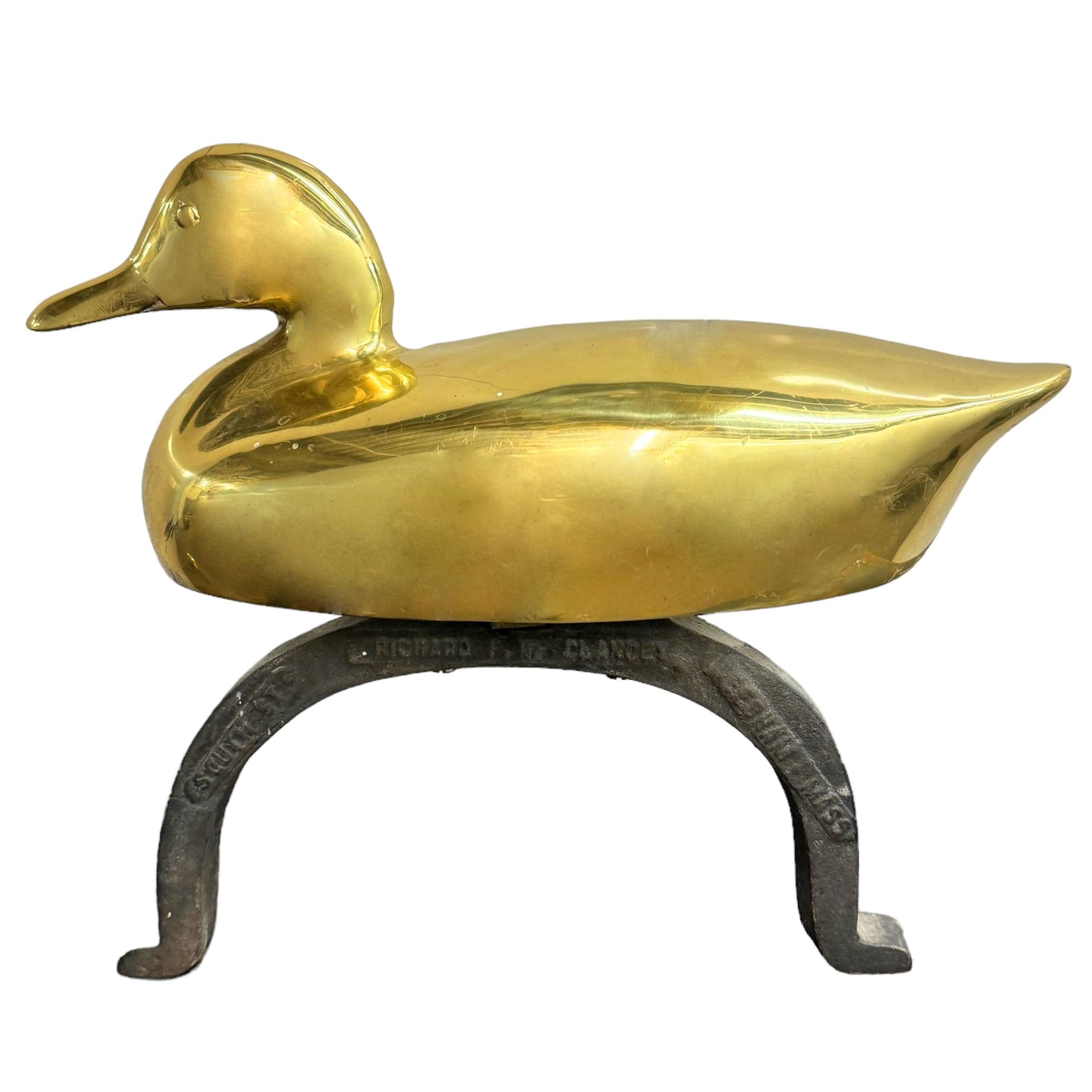 Rustic Pair of Vintage American Brass Duck Andirons For Sale