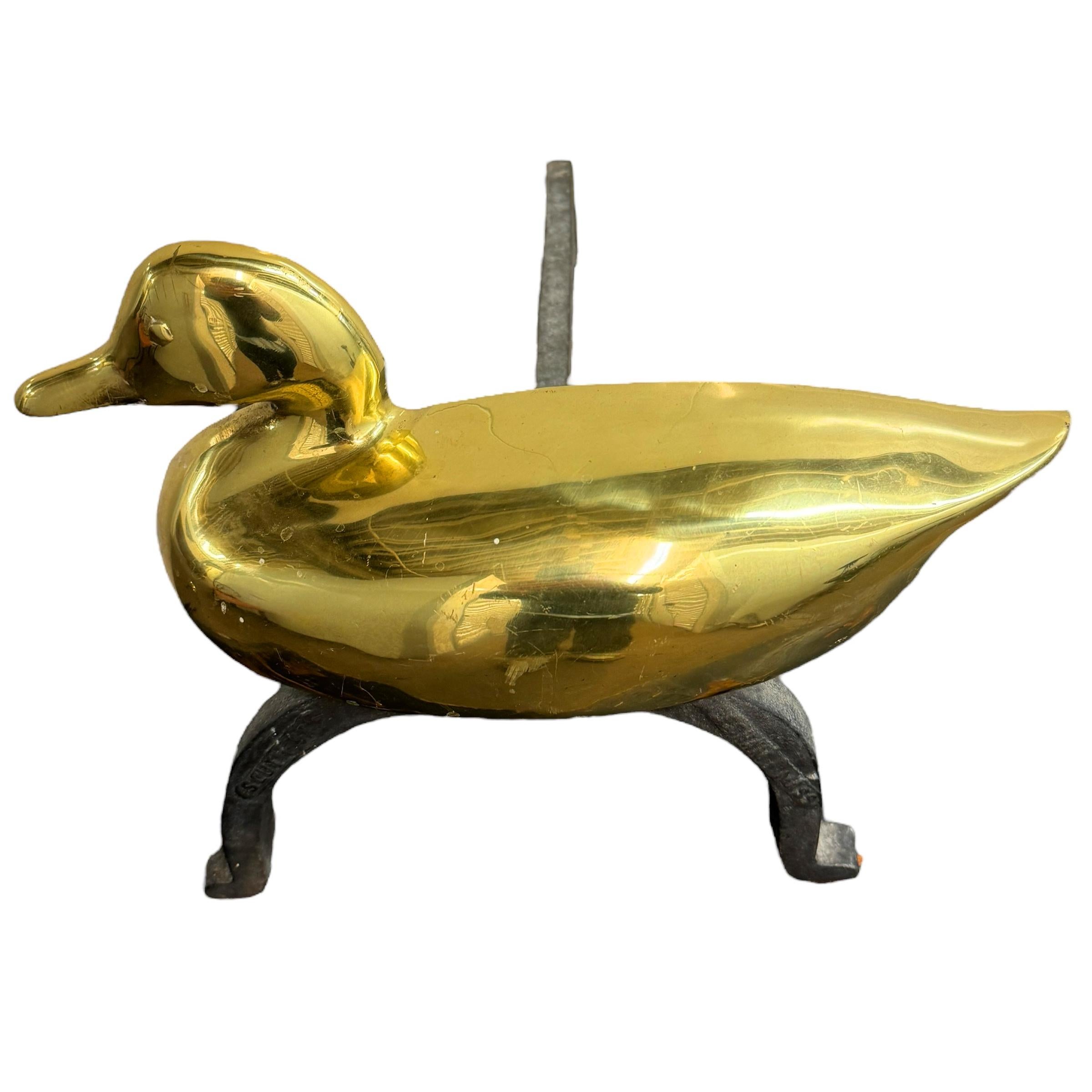 Pair of Vintage American Brass Duck Andirons In Good Condition For Sale In Chicago, IL