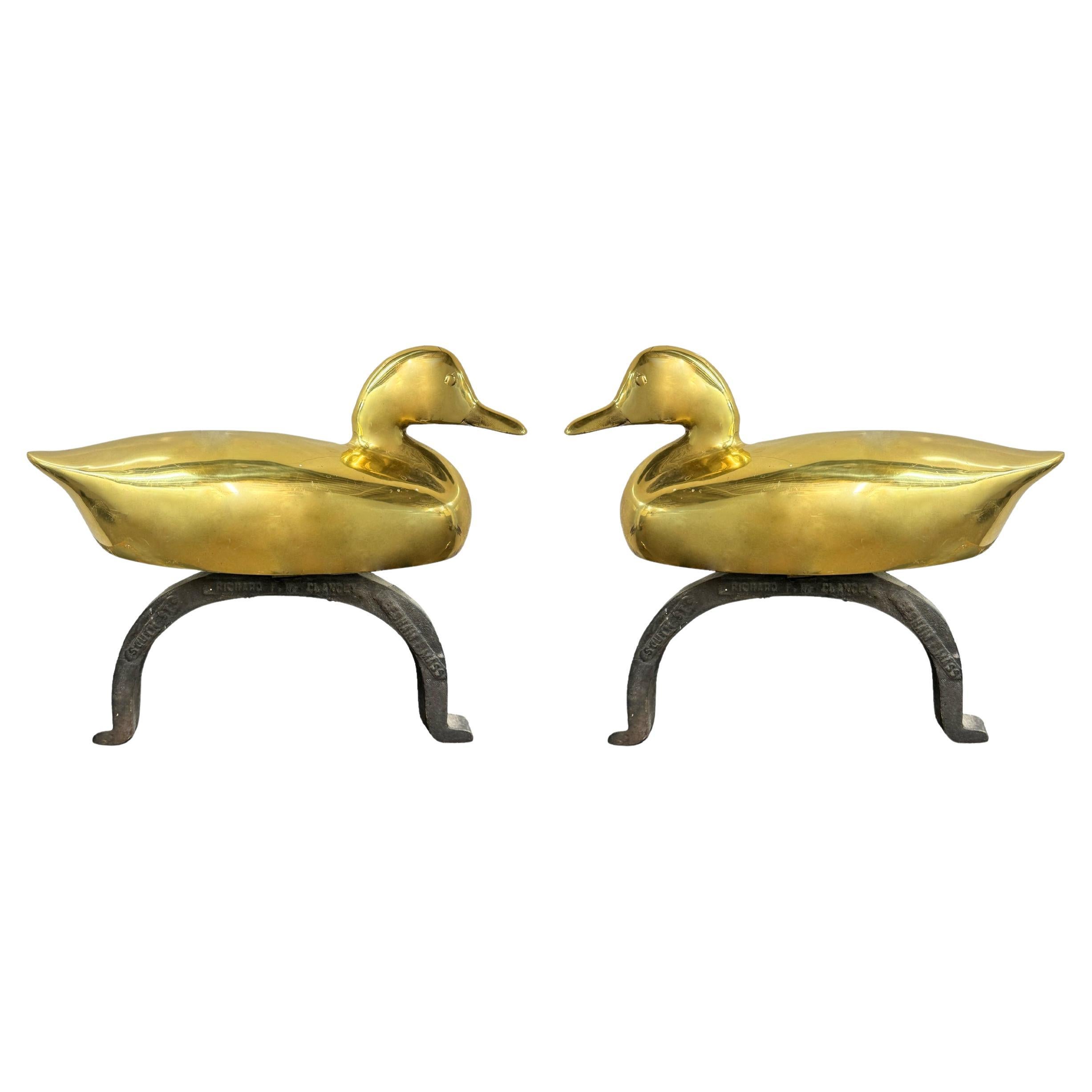 Pair of Vintage American Brass Duck Andirons For Sale