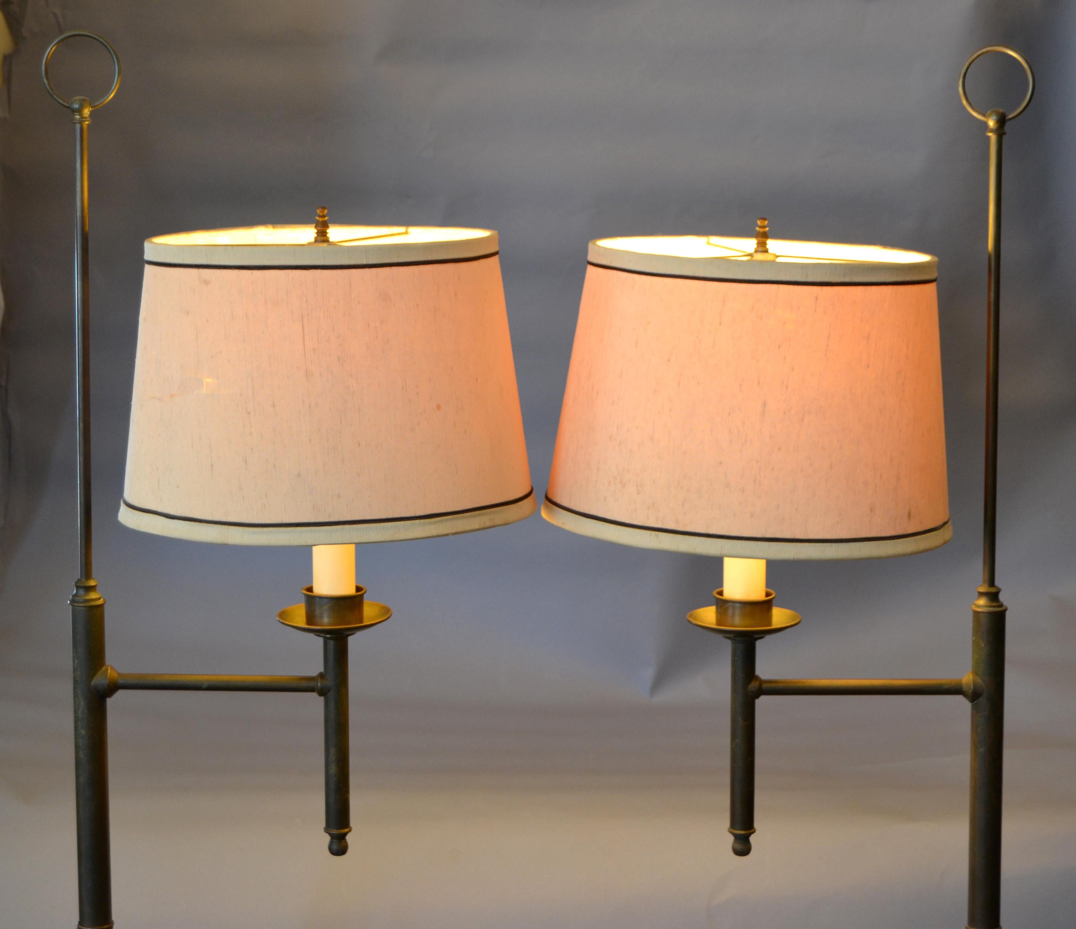 Pair of Vintage American Classical Bronze Floor Lamps with Shades 1