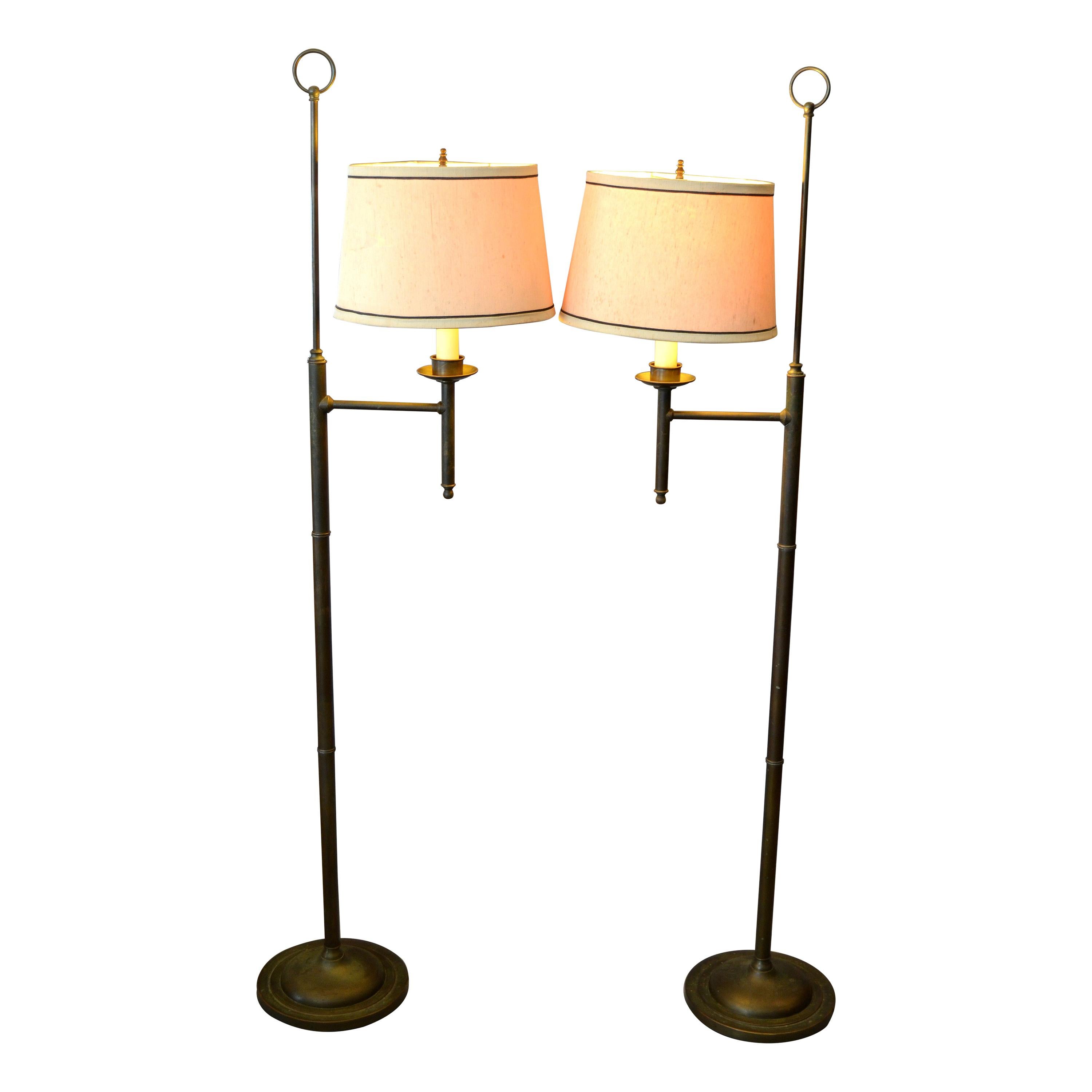Pair of Vintage American Classical Bronze Floor Lamps with Shades